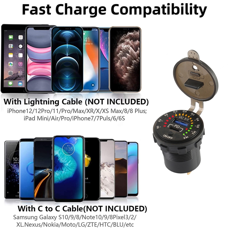 شارژر USB خودرویی روپنلی گرد QC3.0 + Type-C با کلید ON/OFF و نشانگر ولتاژ
